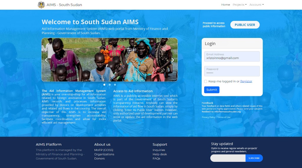 South Sudan AIMS Portal Desktop Interface